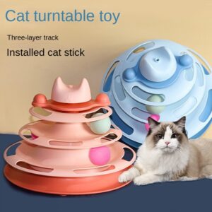 Interactive Cat Toy Icecream Tower toy Ball Track 4 Levels Turntable Cat Toy Cat Circle Toy with Ball Pet Amusement Plate Track Tower