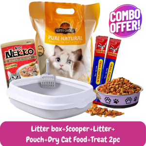 (Super Saver) Litter Box + Scooper + Kitty Choice 5L + Mixed Dry food 250g + Nekko Pouch + Treat 2pieces